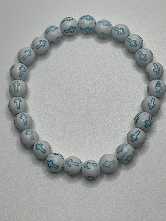 Blue Cross Light Beaded Christian Bracelet