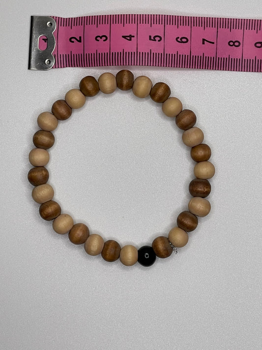 Wood Beaded Bracelet with Black Bead