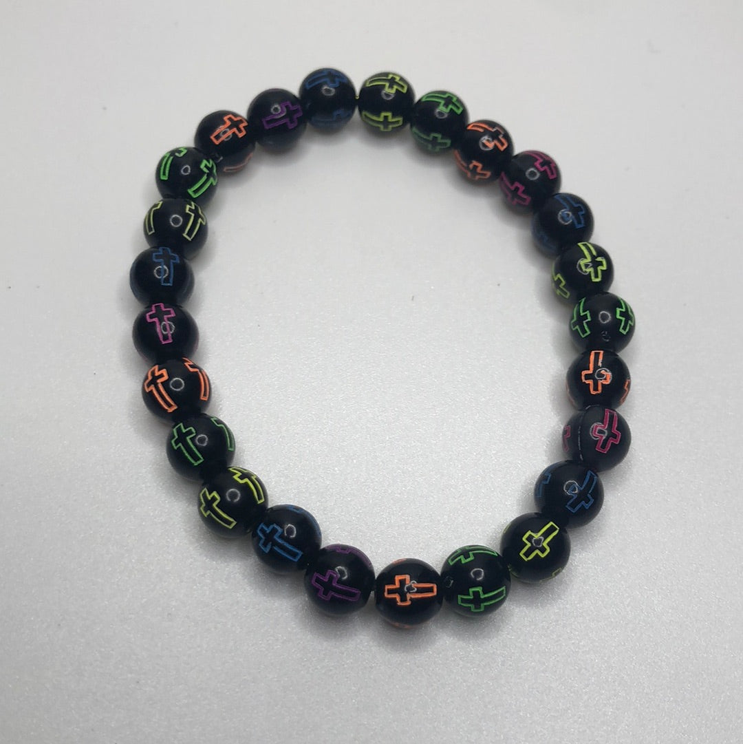 Dark Multi-Colored Christian Cross Beaded Bracelet