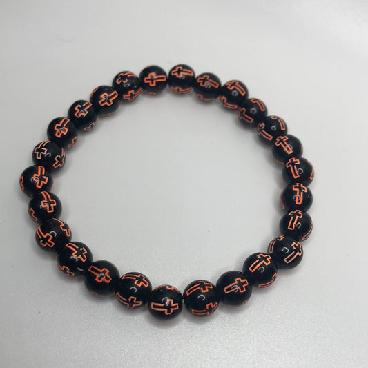 Dark Orange Colored Christian Cross Beaded Bracelet