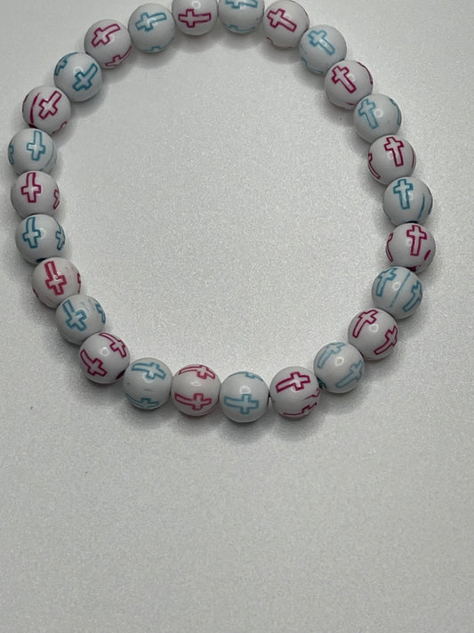 Blue and Pink Cross Light Beaded Christian Bracelet